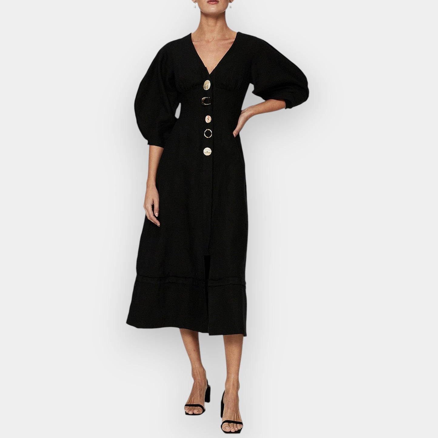 Rachel Gilbert Black Linen Capri V-Neck Midi Dress Small ~ AU6