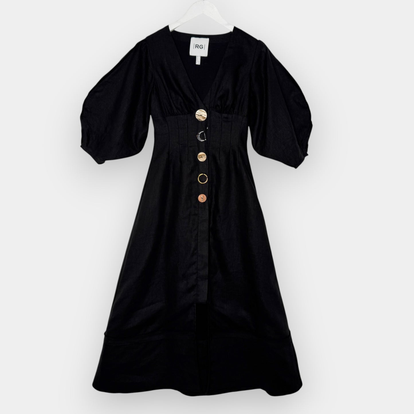 Rachel Gilbert Black Linen Capri V-Neck Midi Dress Small ~ AU6