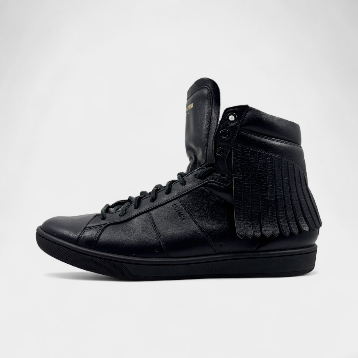 Saint Laurent Black Leather Fringed High Top Sneakers M8 ~ W10 ~ EU41