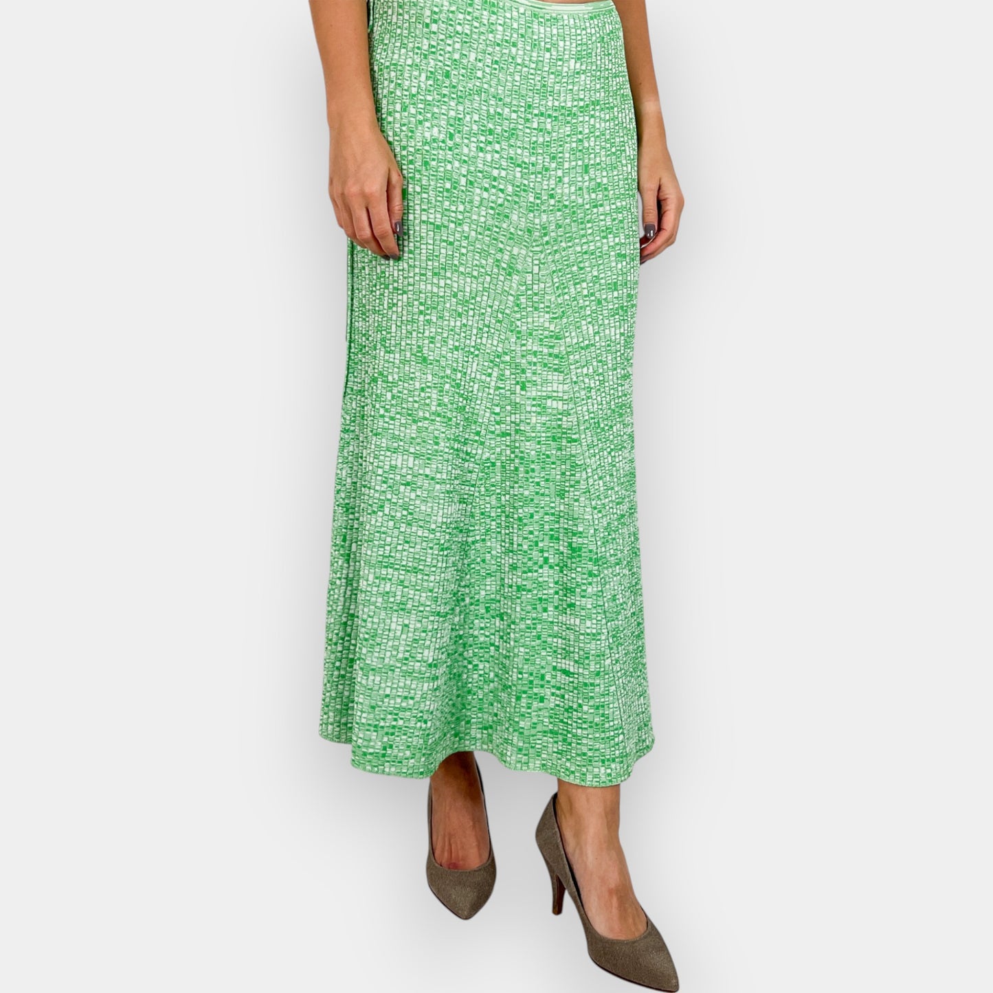 Scanlan Theodore Green & Cream Ribbed Crepe A Line Skirt AU8–10