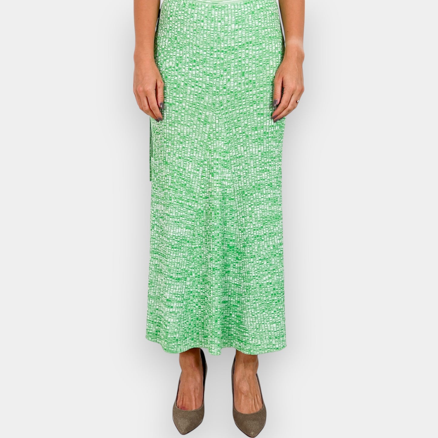 Scanlan Theodore Green & Cream Ribbed Crepe A Line Skirt AU8–10