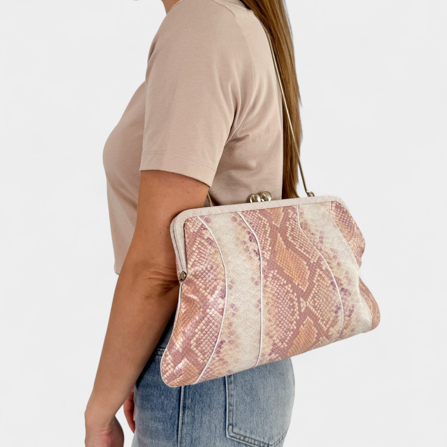 Via Spiga Pink Snake Embossed Leather Folding Clutch Bag