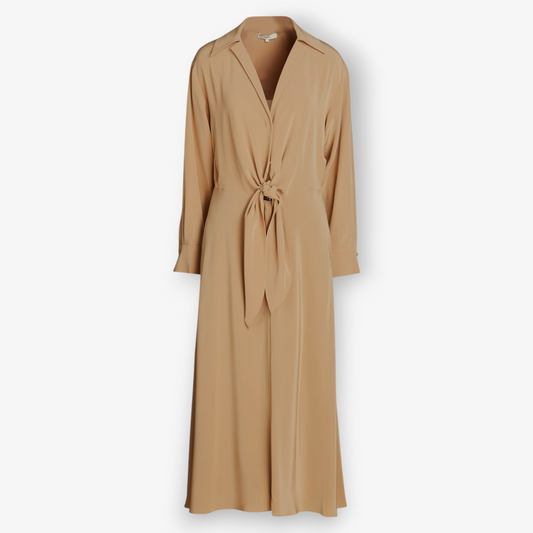 Vince Camel Crepe Long Sleeve Shaped Collar Tie Front Dress Large ~ AU12-14