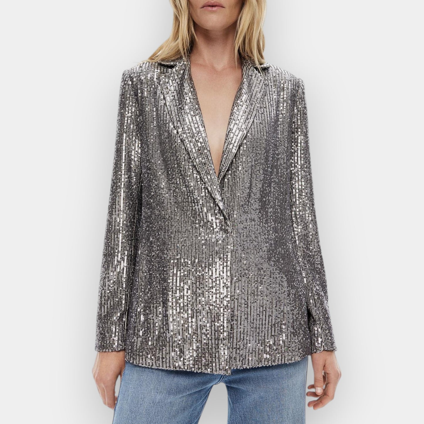 Witchery Gunmetal Sequin Single-Breasted Long Blazer AU12–14 ~ Large