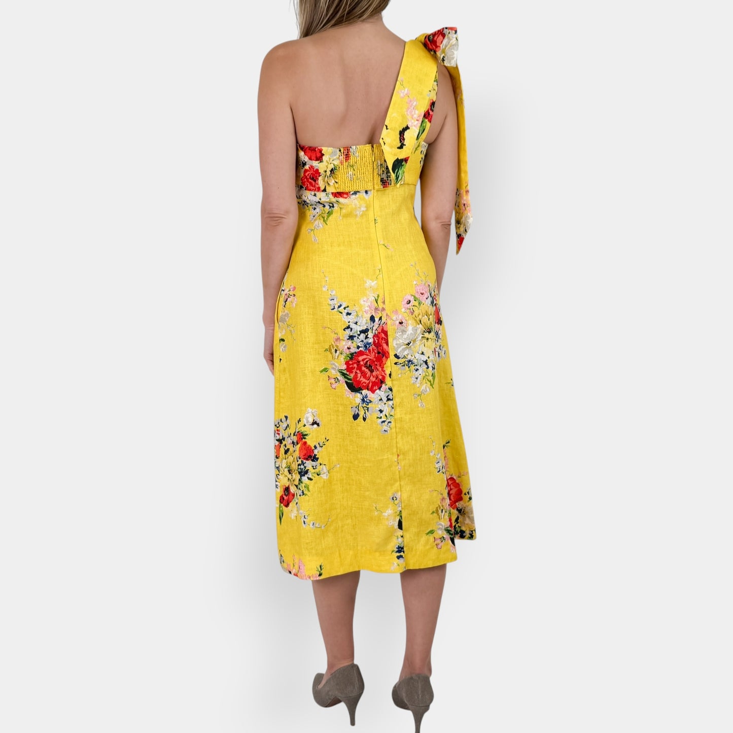 Zimmermann Yellow Floral Linen Shoulder Tie Midi Dress 1 ~ AU10