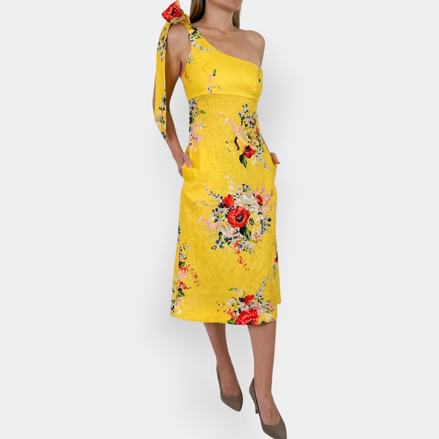 Zimmermann Yellow Floral Linen Shoulder Tie Midi Dress 1 ~ AU10