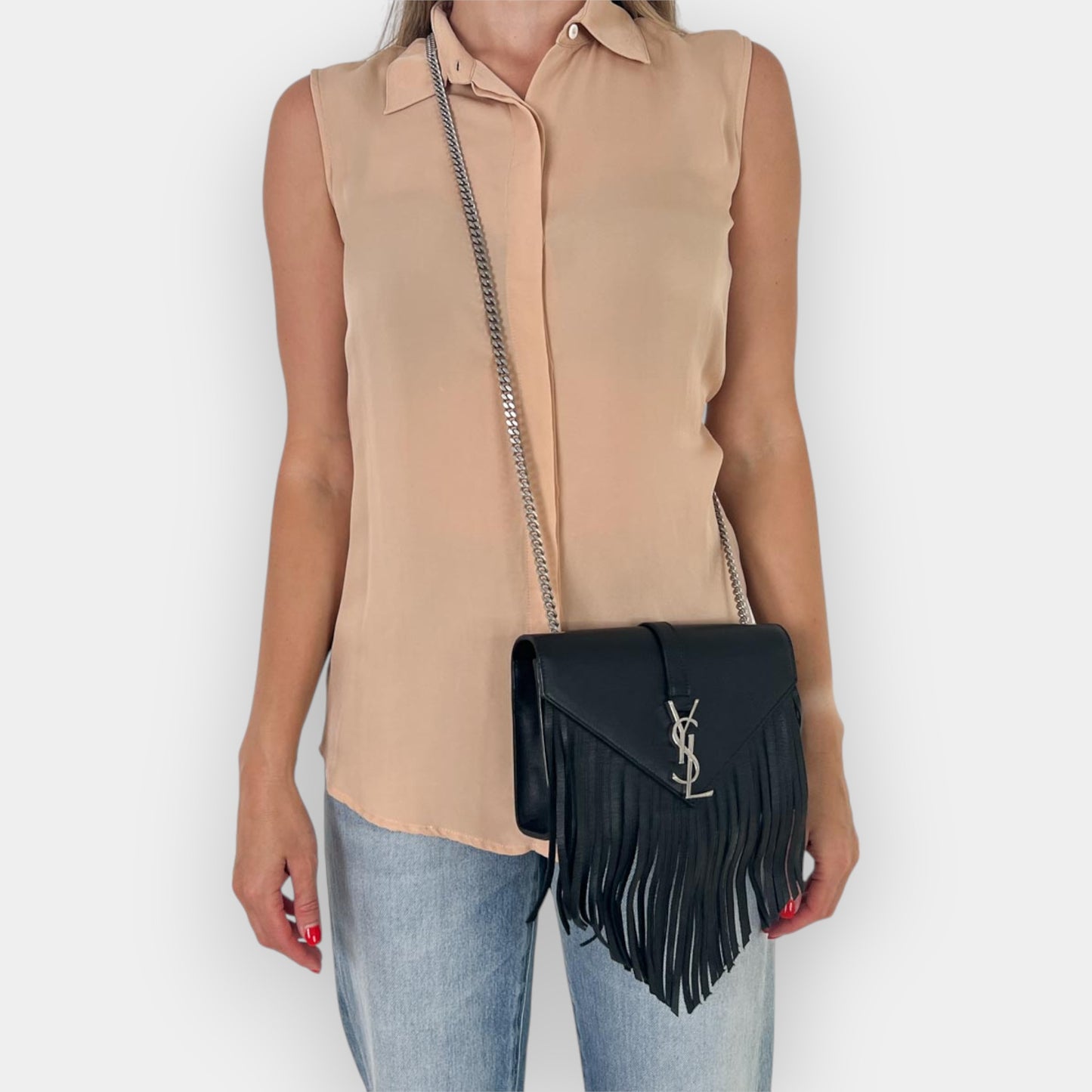 Saint Laurent YSL Black Leather Monogram Fringe Envelope Chain Crossbody Bag
