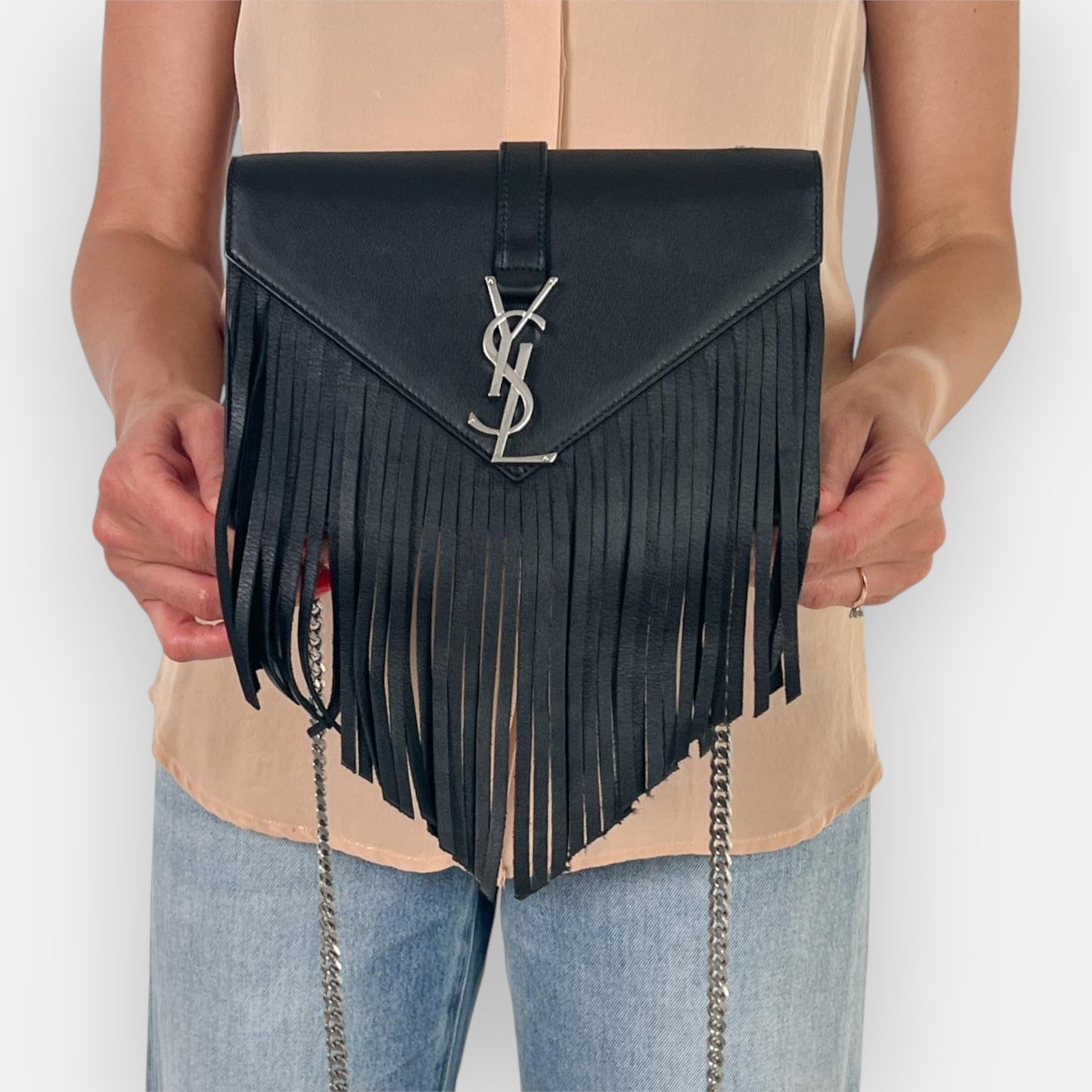 Saint Laurent YSL Black Leather Monogram Fringe Envelope Chain Crossbody Bag