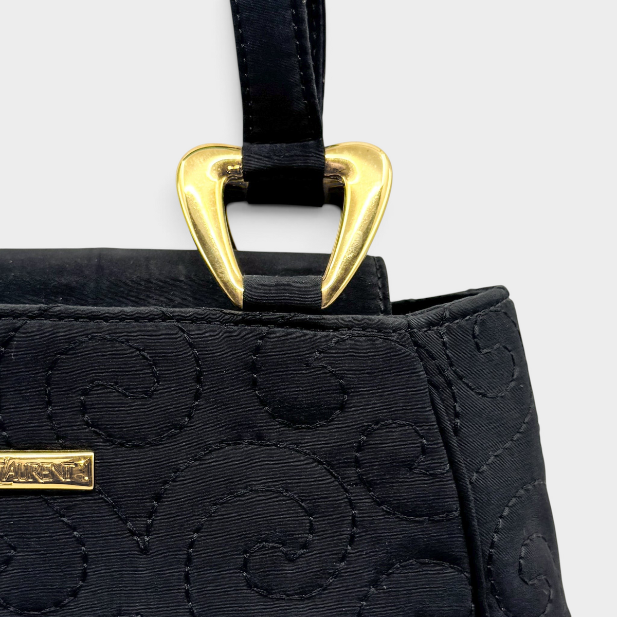 Studio61 Preloved Boutique Sydney vintage black quilted fabric evening bag with gold-toned hardware and YSL logo plate