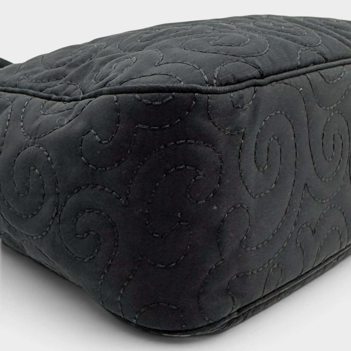 Studio61 Preloved Boutique Sydney vintage Yves Saint Laurent black quilted fabric evening bag with arabesque pattern