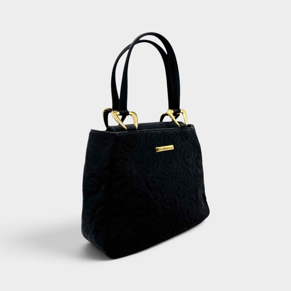 Studio61 Preloved Boutique Sydney vintage Yves Saint Laurent black quilted fabric evening bag with gold hardware