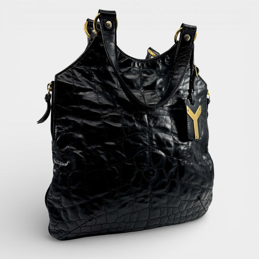 YSL Vintage Black Croc Quilted Y2K Leather Tribute Tote Bag