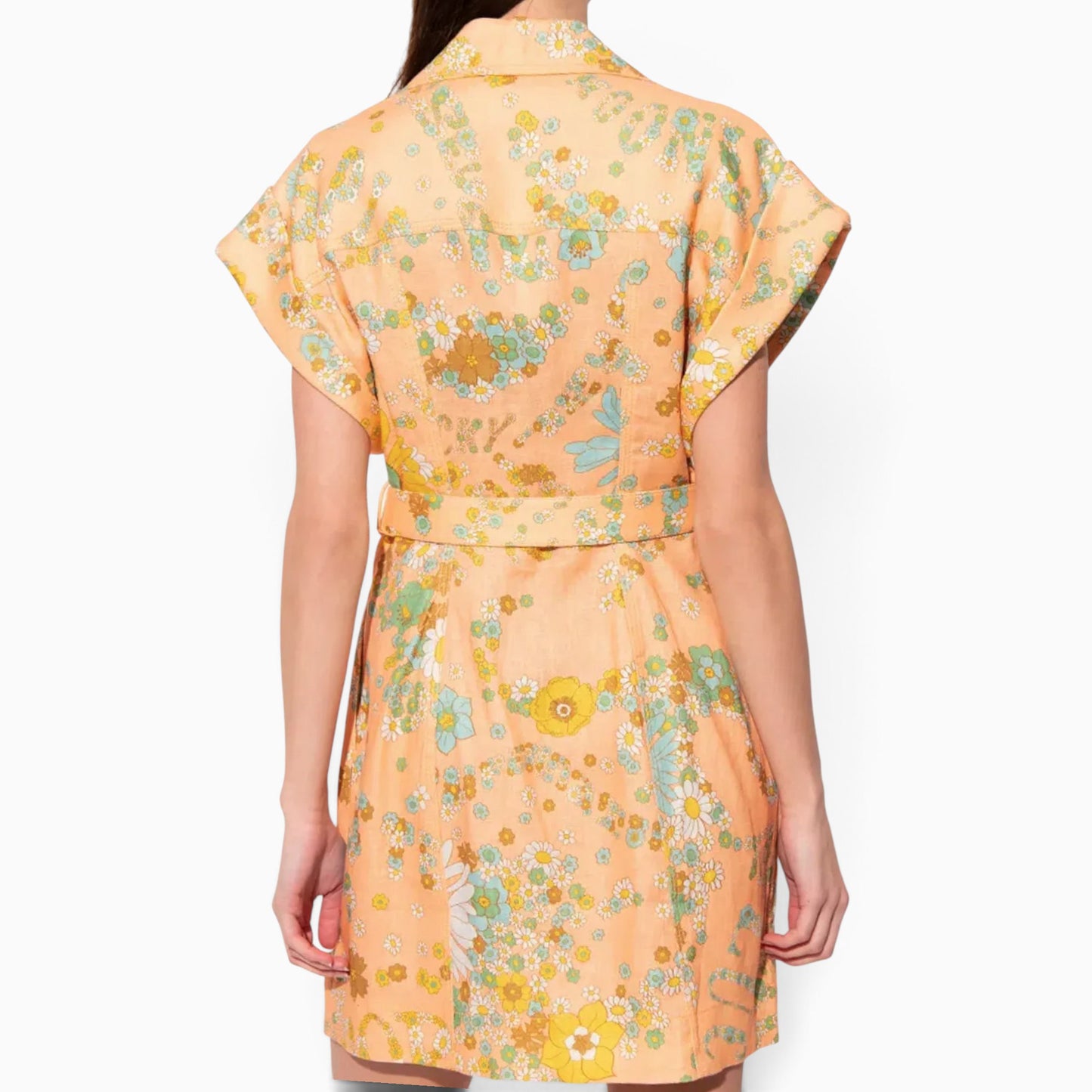 Zimmermann Lola Roll Cuff Peach Floral Linen Mini Dress 3 ~ AU12-14