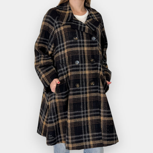 Annette Görtz Grey & Tan Brown Wool Plaid Swing Coat M ~ AU12-14 [NEW]