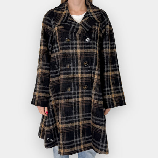 Annette Görtz Grey & Tan Brown Wool Plaid Swing Coat M ~ AU12-14 [NEW]