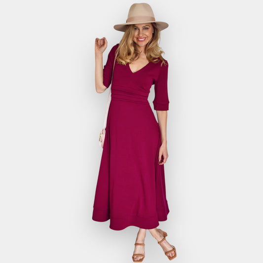 Smitten Magenta Red Fit & Flare V-Neck Merino Ava Midi Dress AU10