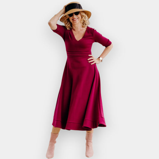 Smitten Magenta Red Fit & Flare V-Neck Merino Ava Midi Dress AU10