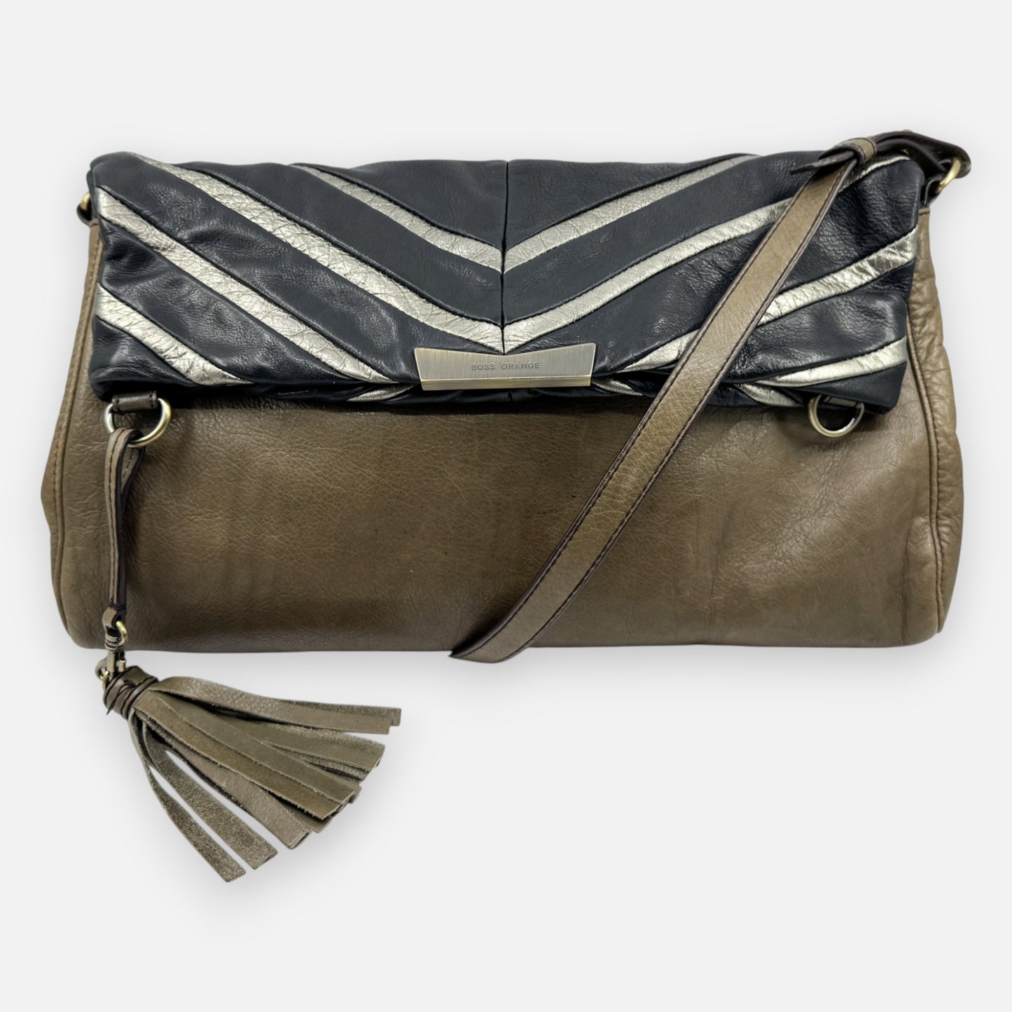 Boss Orange Olive Green, Black and Silver Leather Shoulder Bag