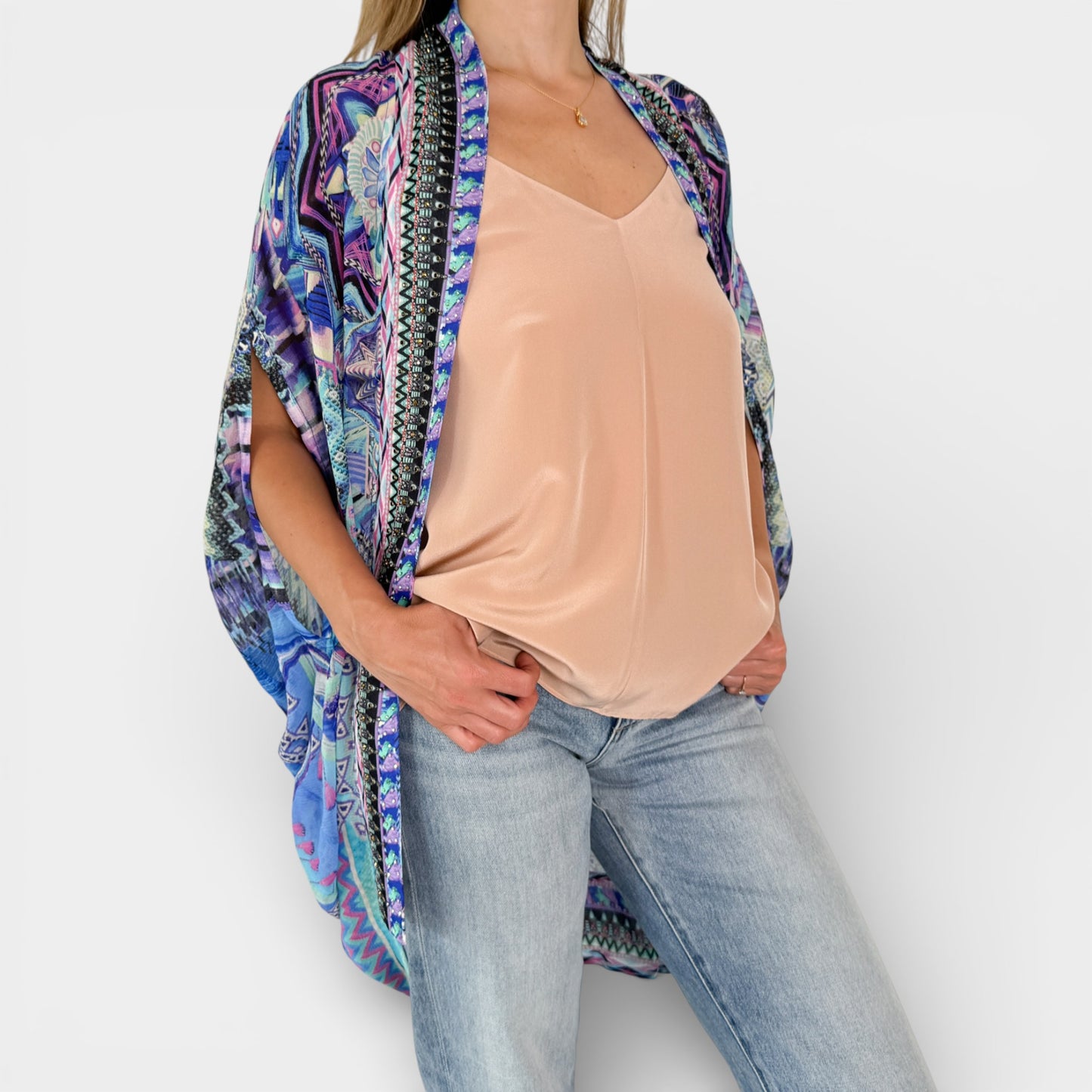 Camilla Threads of Cosmos Purple Silk Kimono Cardi Cape One Size [NEW]