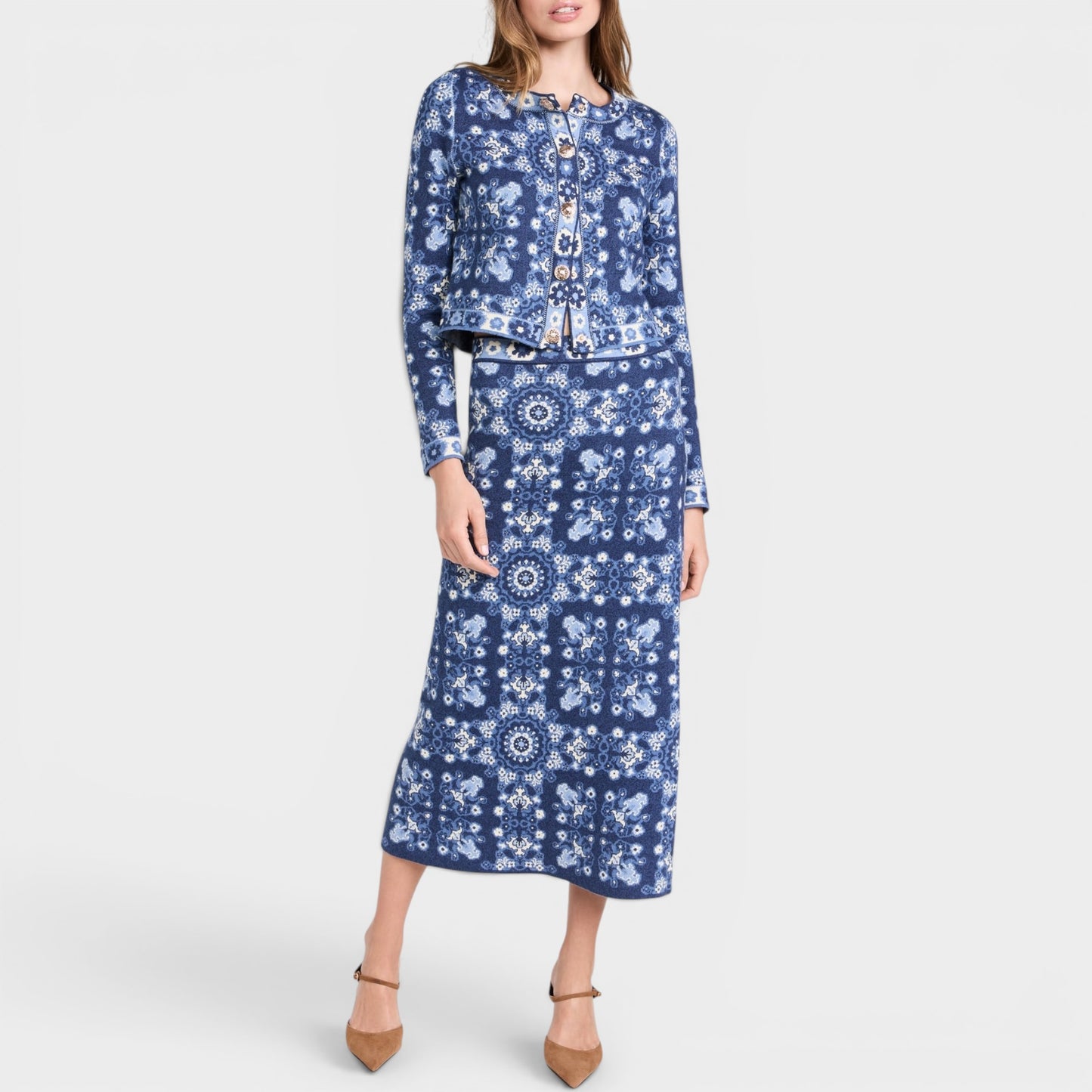 Cara Cara Blue Jacquard Knit Livi Jacket Medium ~ Large