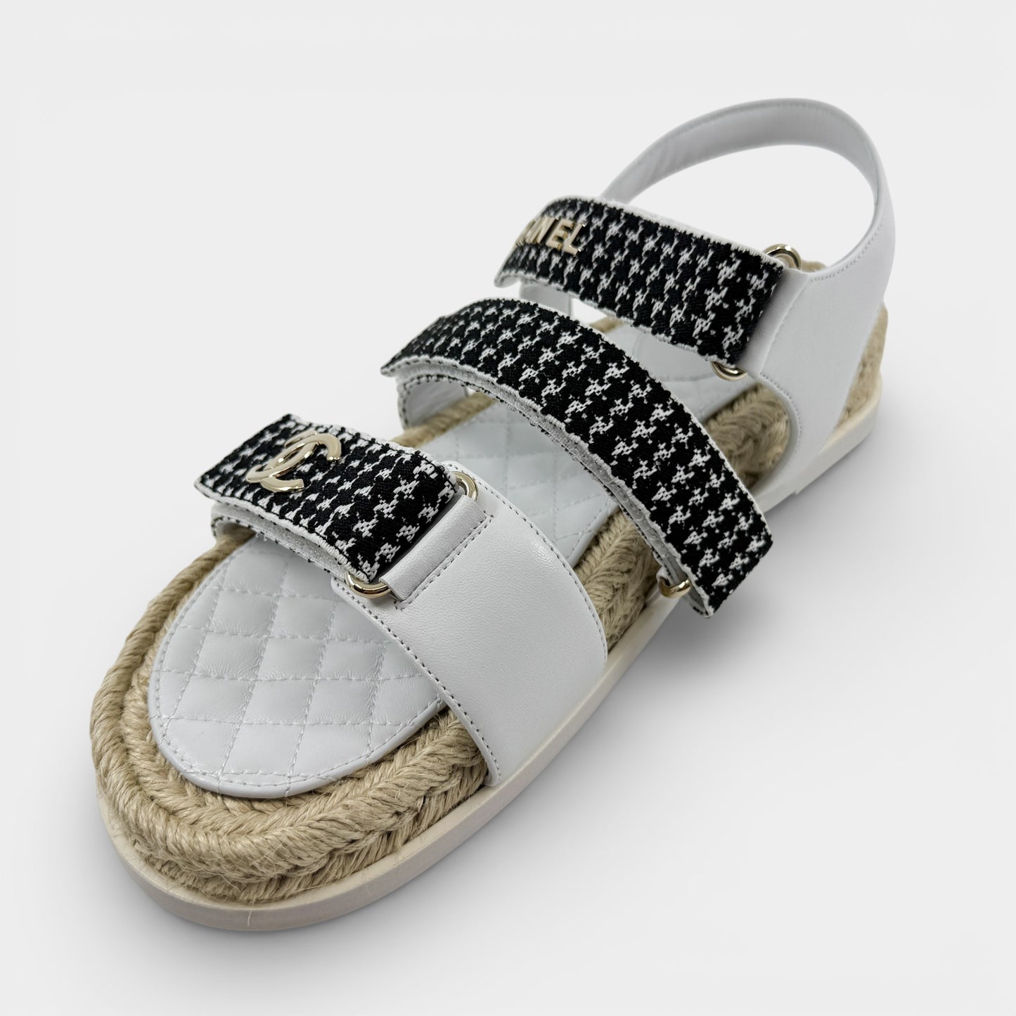 Chanel White Black Tweed Leather Espadrille Dad Sandals EU40 C ~ AU9