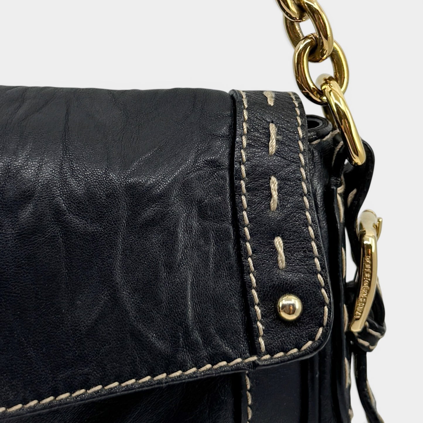 Dolce & Gabbana Black Textured Leather Top Stitched Shoulder Bag