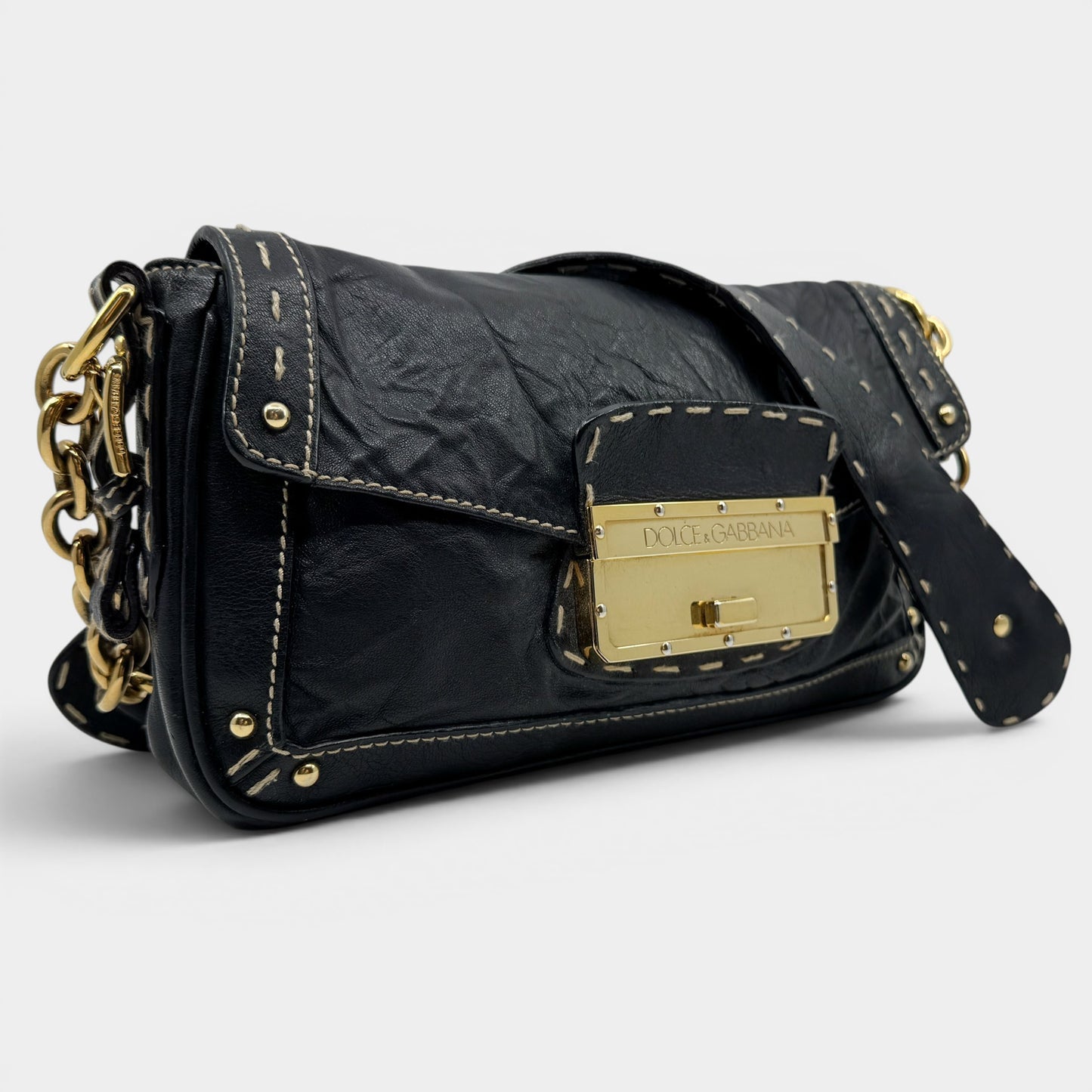 Dolce & Gabbana Black Textured Leather Top Stitched Shoulder Bag