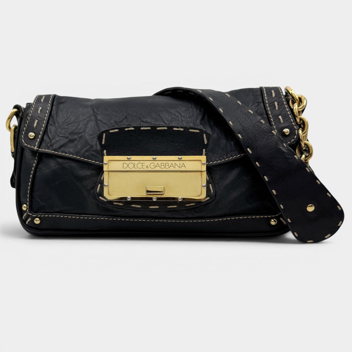 Dolce & Gabbana Black Textured Leather Top Stitched Shoulder Bag