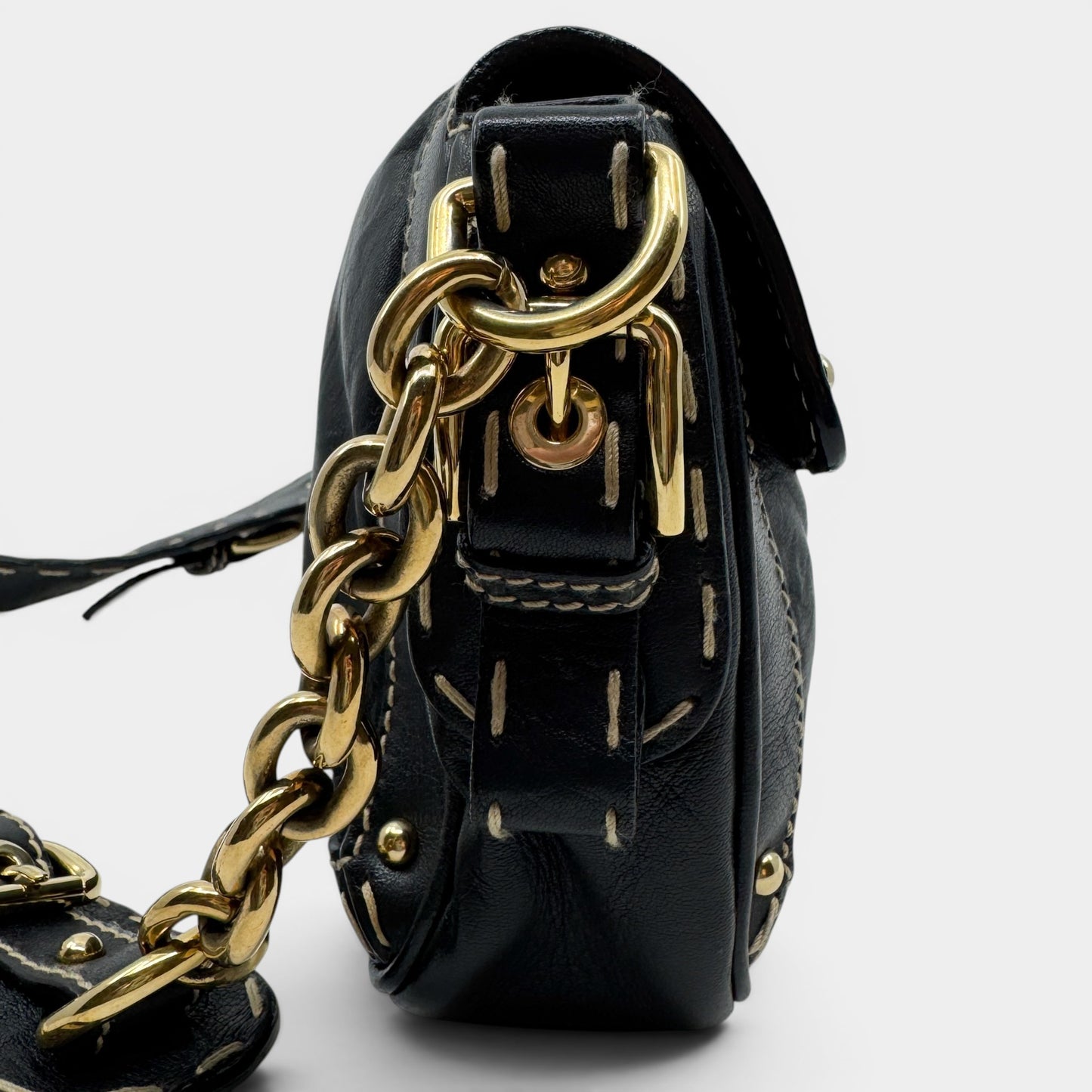 Dolce & Gabbana Black Textured Leather Top Stitched Shoulder Bag