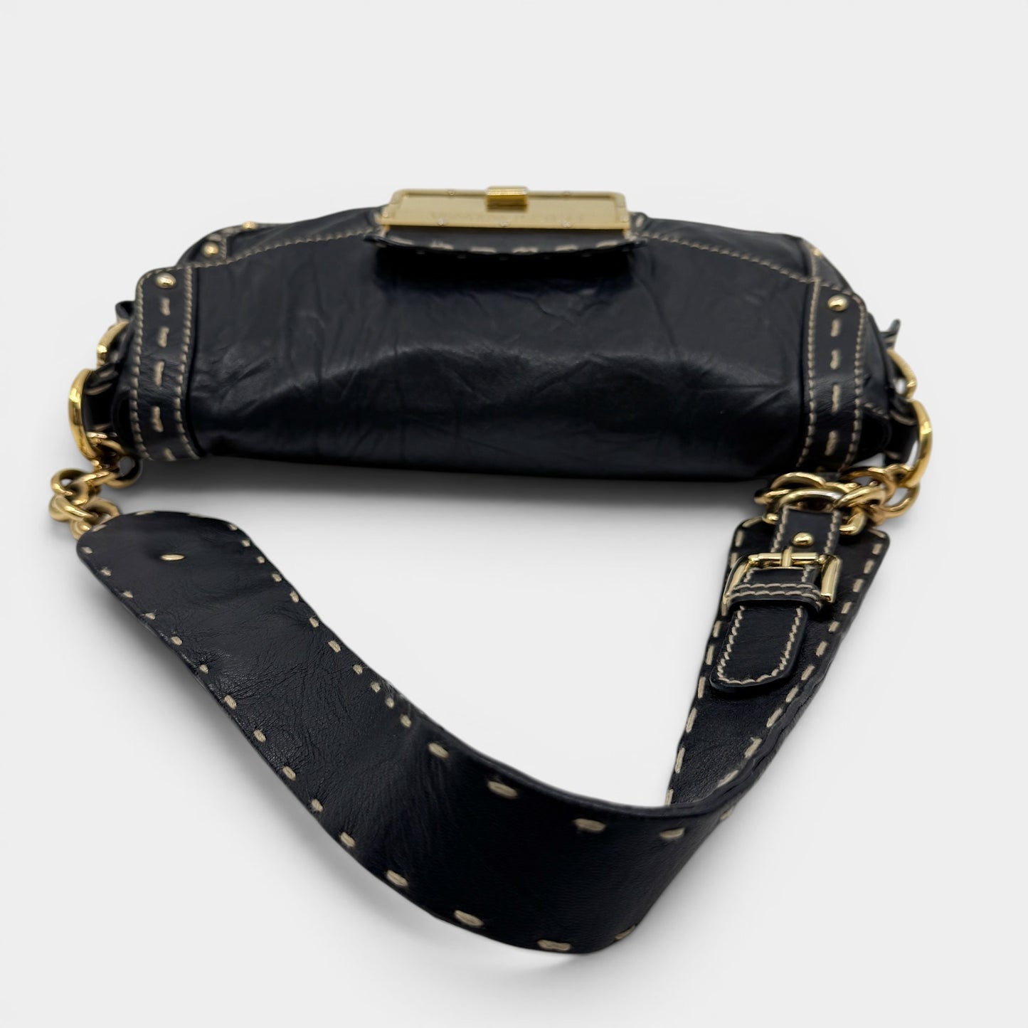 Dolce & Gabbana Black Textured Leather Top Stitched Shoulder Bag