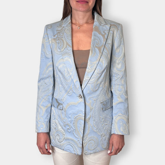 Escada Blue & Cream Paisley Jacquard Long Blazer Jacket EU40 ~ AU10