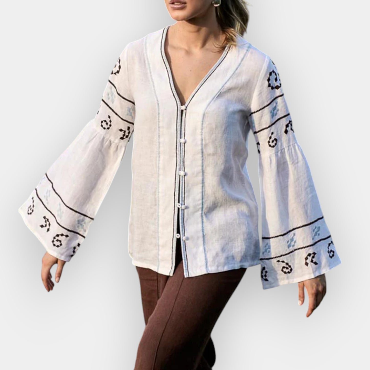 Eadie Blue & White Linen Lavet Blouse L ~ AU14 [NEW]