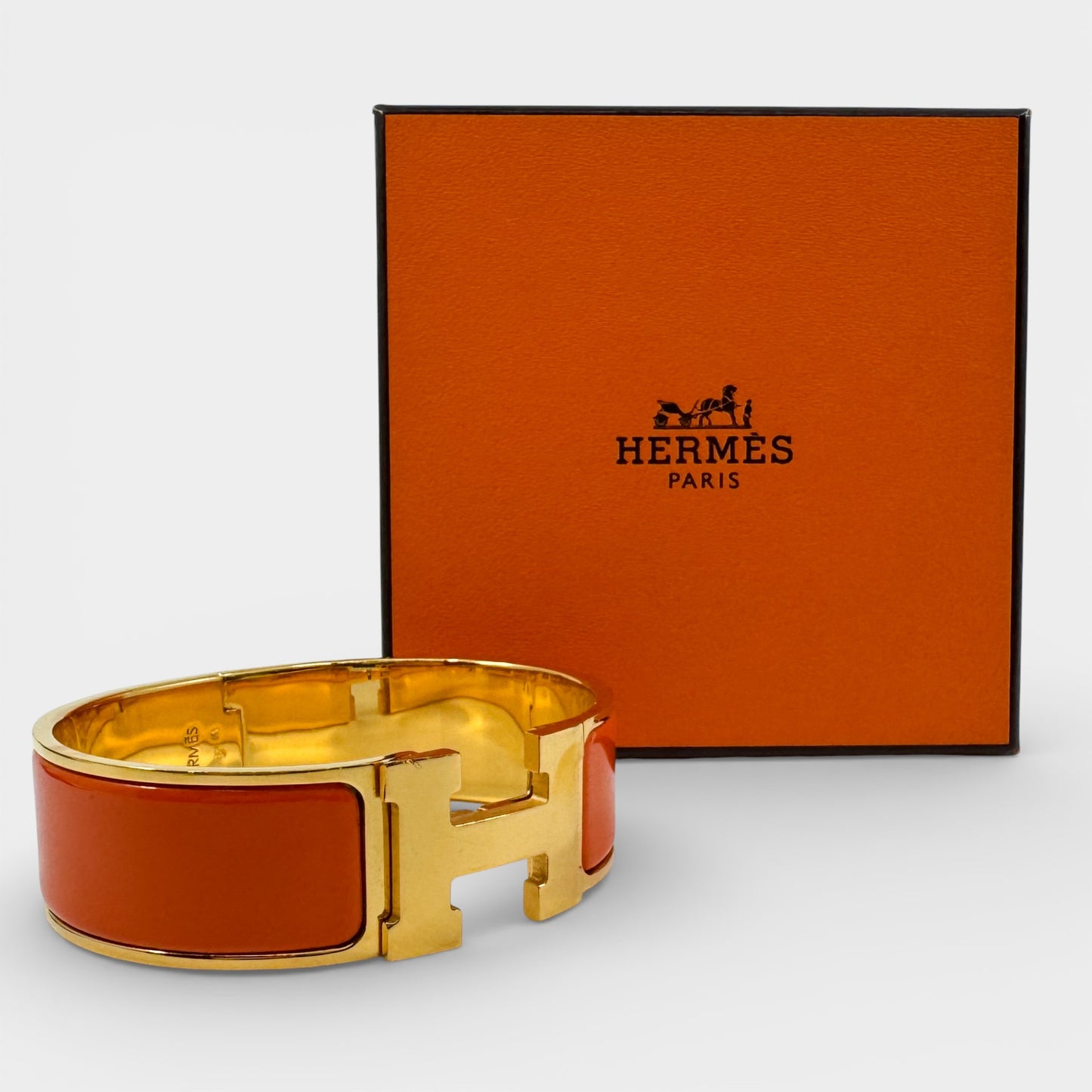 Hermes Orange Enamel Gold Plated Clic-Clac H PM Wide Bracelet