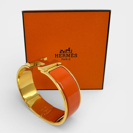 Hermes Orange Enamel Gold Plated Clic-Clac H PM Wide Bracelet