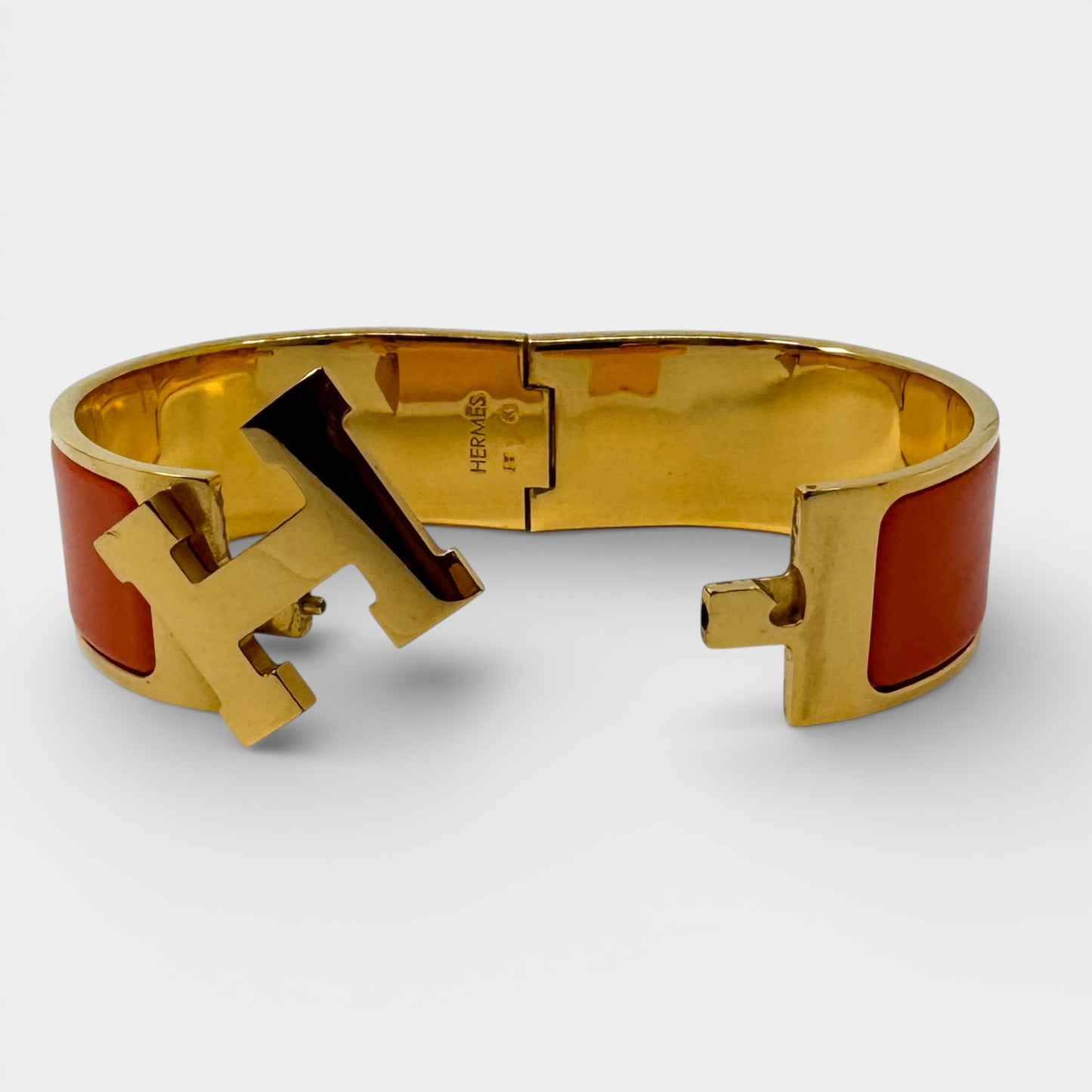 Hermes Orange Enamel Gold Plated Clic-Clac H PM Wide Bracelet
