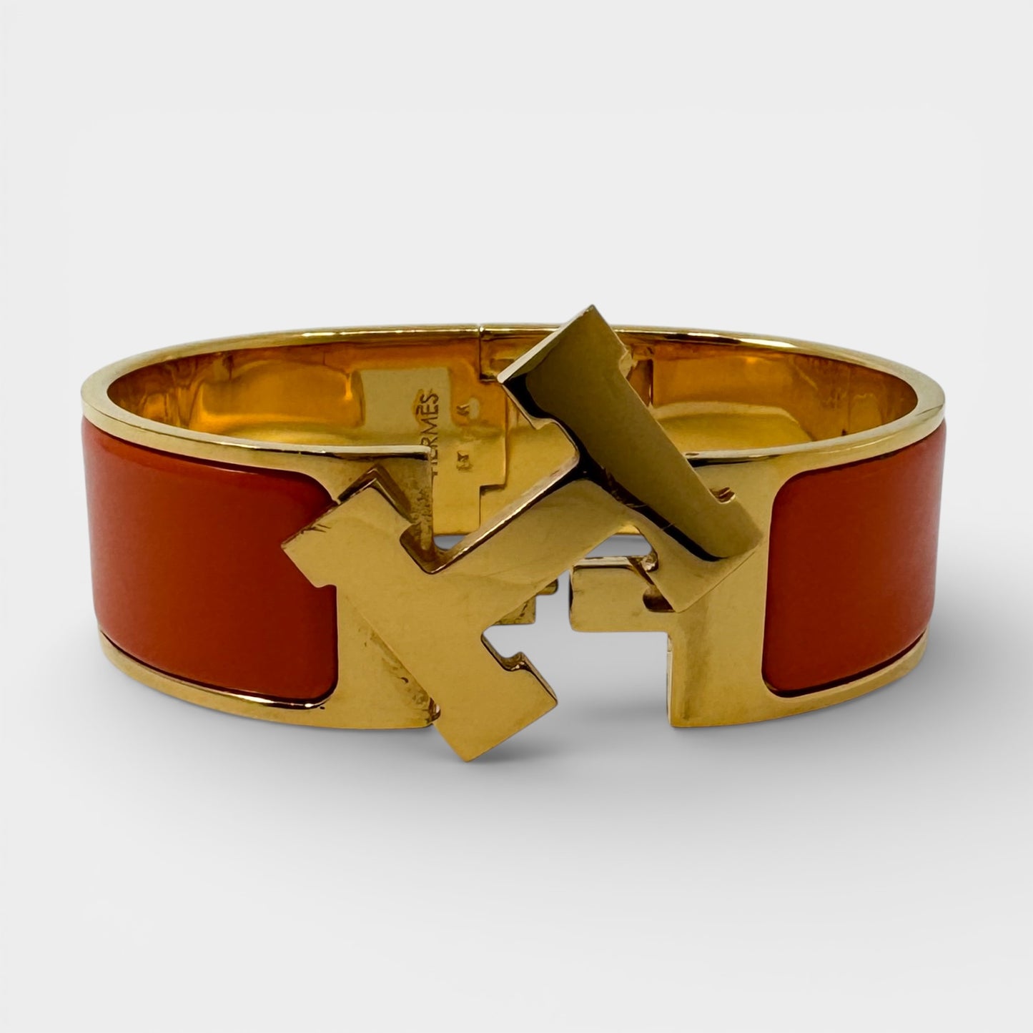 Hermes Orange Enamel Gold Plated Clic-Clac H PM Wide Bracelet