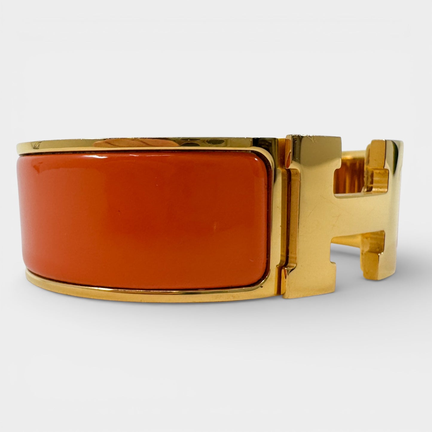 Hermes Orange Enamel Gold Plated Clic-Clac H PM Wide Bracelet
