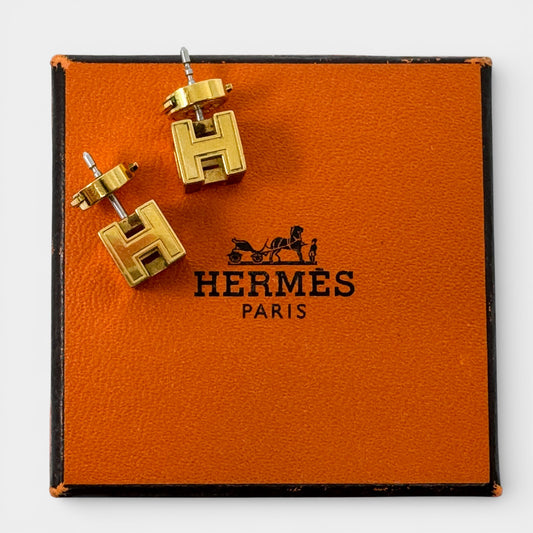 Hermes Cage d'H Black Enamel Gold Plated Stud Earrings