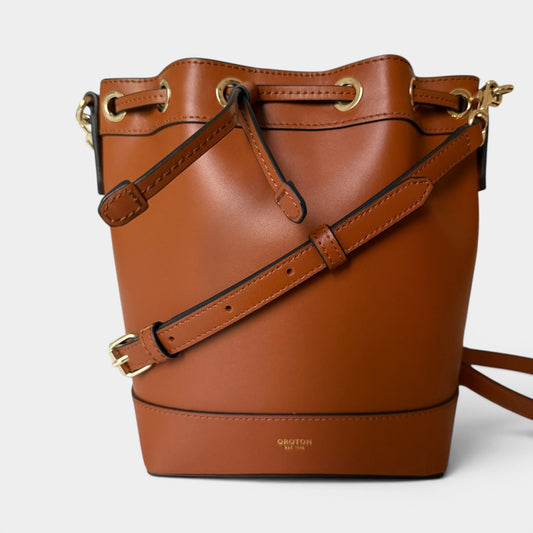 Oroton Tan Brown Leather Drawstring Bucket Bag