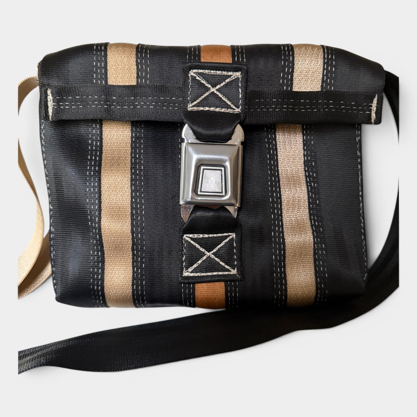 Salvage USA Black Tan Reclaimed Seatbelt Satchel Bag