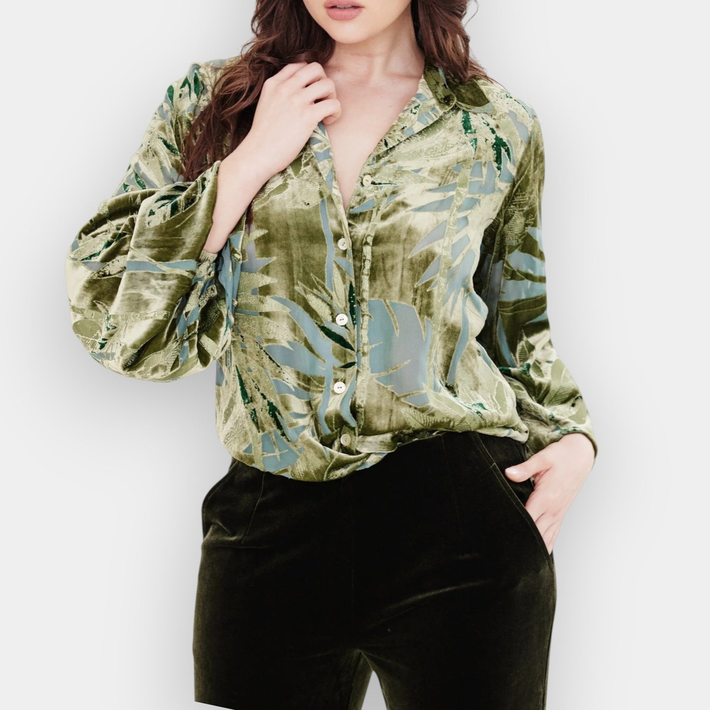 Kamare Green Silk Viscose Palm Ilona Shirt AU16 [NEW]