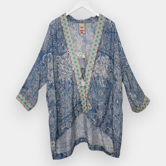 Johnny Was Dolce Boho Blue Silk Kimono Jacket Large [NEW]