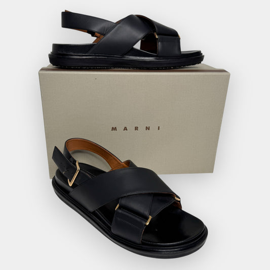 Marni Black Leather Crisscross Fussbett Sandal Shoes EU39 ~ AU8