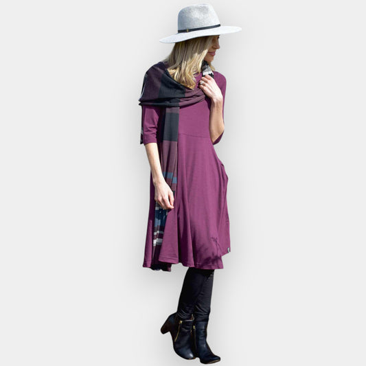 Smitten Aubergine Purple Merino Fit & Flare Round Neck Mary Midi Dress AU10