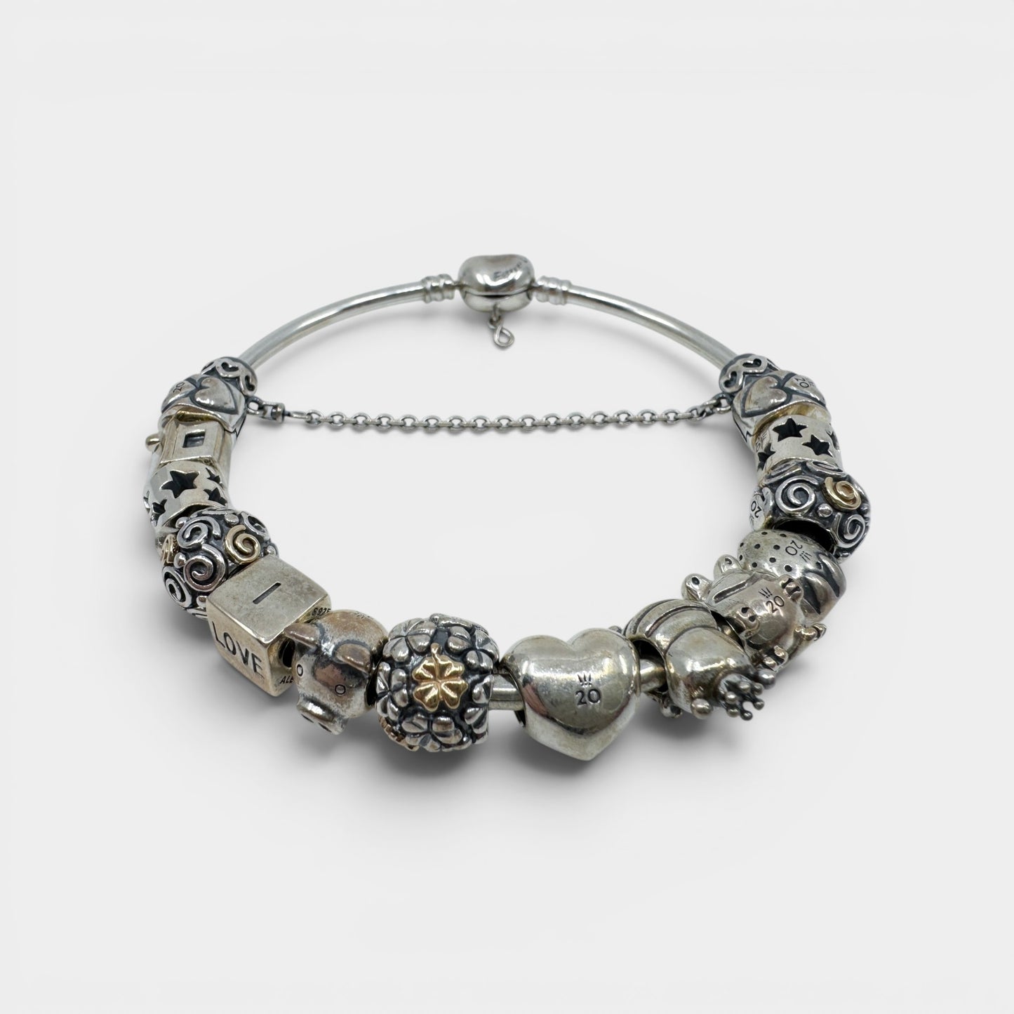 Pandora 20th Anniversary Silver Bracelet & 12 Charms Full Set