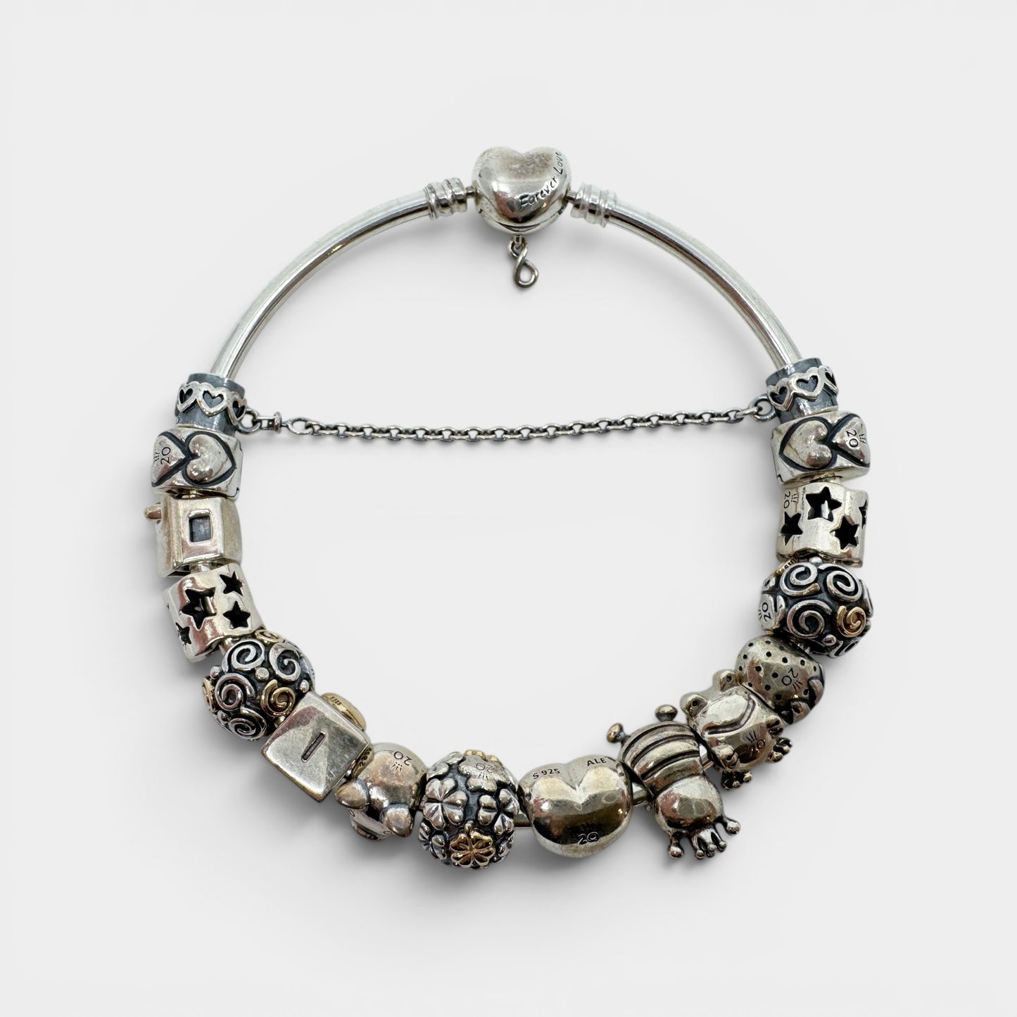 Pandora 20th Anniversary Silver Bracelet & 12 Charms Full Set