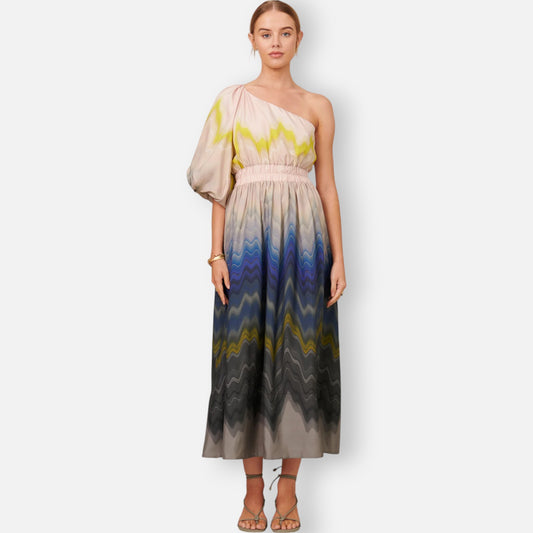 POL Pink, Yellow & Blue Silk One Shoulder Cecilia Dress AU12 [NEW]