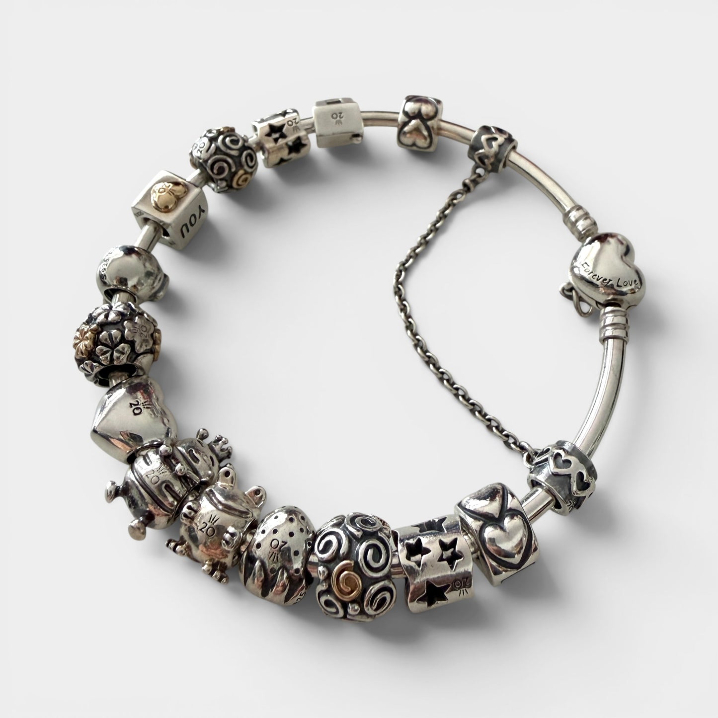Pandora 20th Anniversary Silver Bracelet & 12 Charms Full Set
