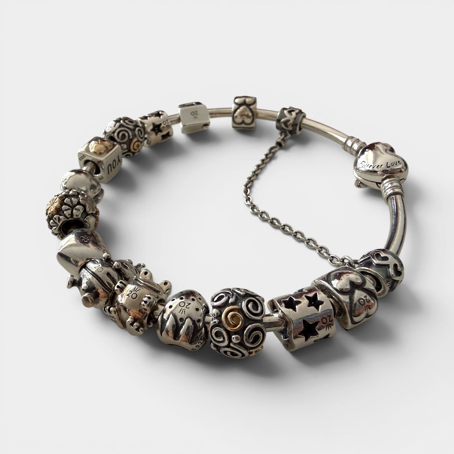 Pandora 20th Anniversary Silver Bracelet & 12 Charms Full Set