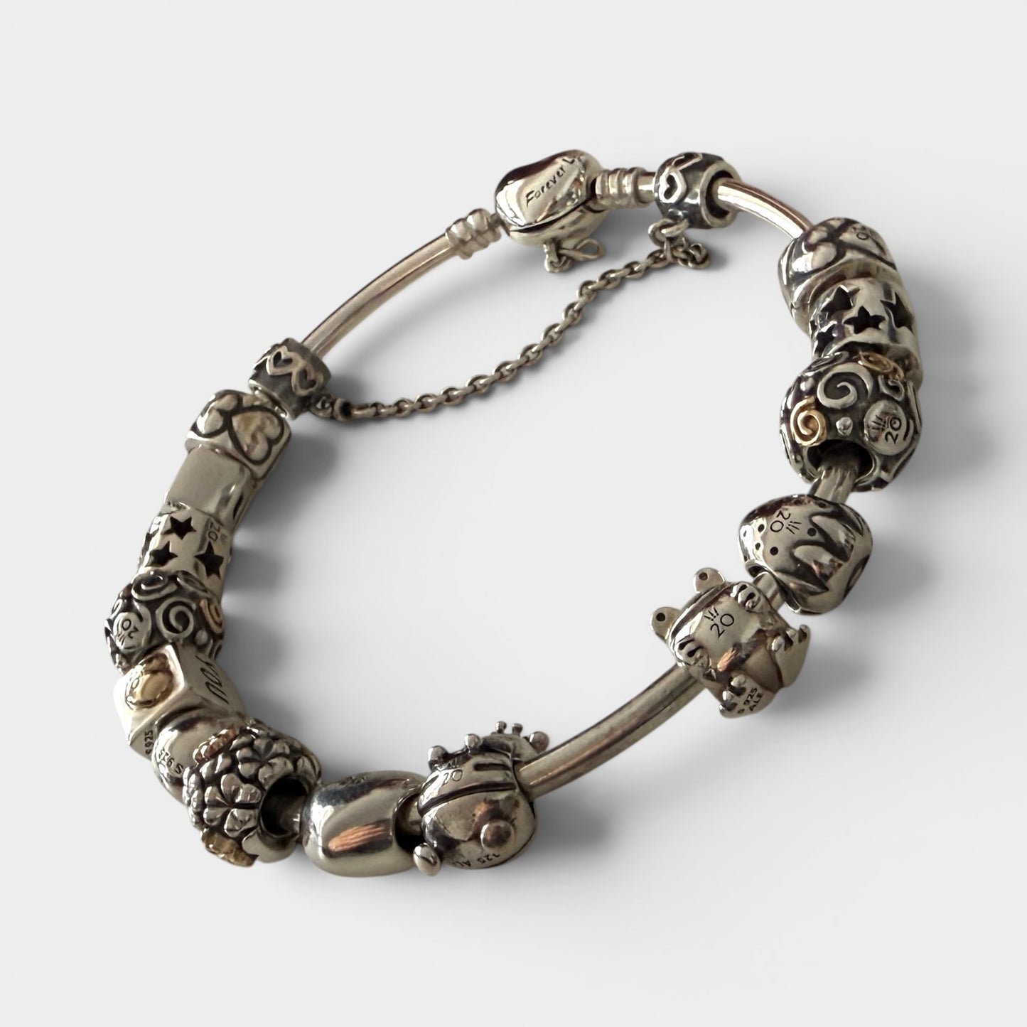Pandora 20th Anniversary Silver Bracelet & 12 Charms Full Set